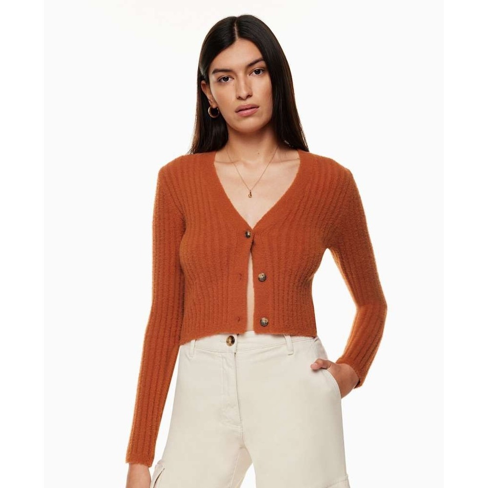 Aritzia Wilfred Sz‎ S Free Hush Knit Cardigan Burnt Orange Wide Rib Stitch Soft!